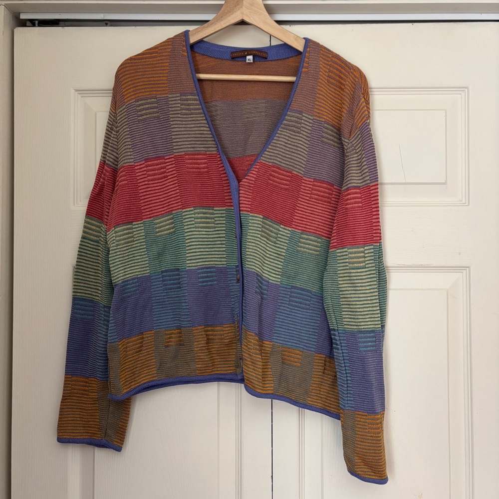 Colorful Striped Pima Cotton Peruvian Connection Cardigan Sweater Size XL